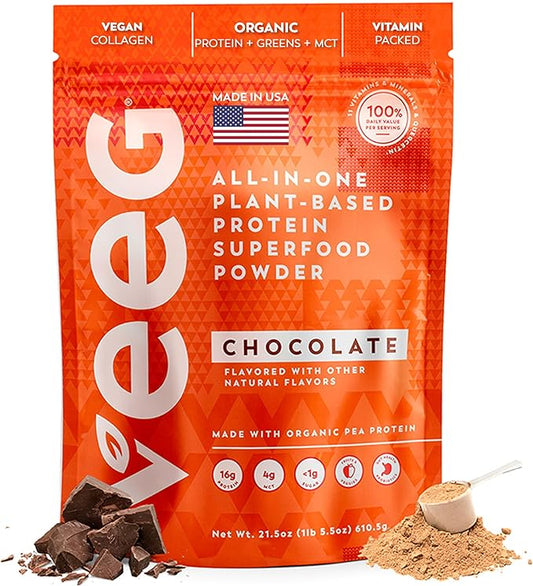 Veeg All-in-One Protein Smoothie Powder – Vegan Protein, Organic Greens, MCT, Probiotics & Multivitamin. Simplified Daily Nutrition for Strength, Energy, Vitality & Gut Health.15 Servings (Chocolate)