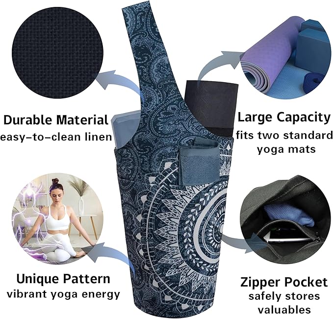 Yoga Mat Bag Carrier for Women with Side Large Pocket Durable Linen Workout Gym Travel Storage Pilates Mats