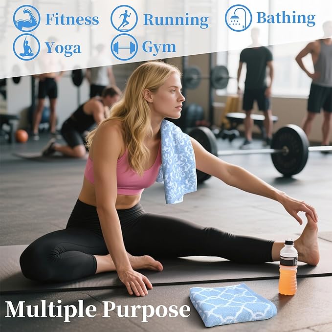 Workout Sweat Towels for Men & Women, Cotton Gym Towels Set of 2, 14"x31" - Absorbent | Breathable | Soft - Exercise Towel for Yoga, Shower, Tennis, Running & Fitness, Blue Damask and Checkered
