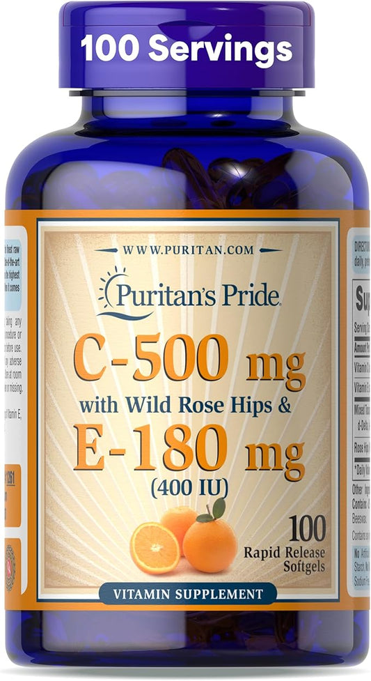 Puritan's Pride Premium Vitamin C-500mg with Rose HIPS and Vitamin E-400, Supplement for Antioxidant, Heart, Circulatory, and Immune System Support, 100 Rapid Release Softgels
