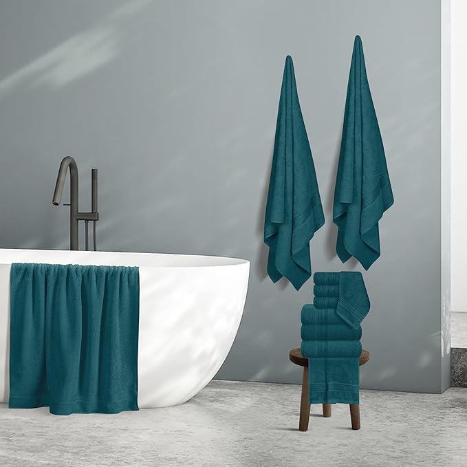 Belizzi Home 100% Cotton Towel Set, Contains 6 Soft Bath Towel, 6 Hand Towels, 12 Wash Cloths - Compact Absorbent Lightweight & Quickdry Towels for Bathroom - 24 Piece Bathroom Towel Set - Teal