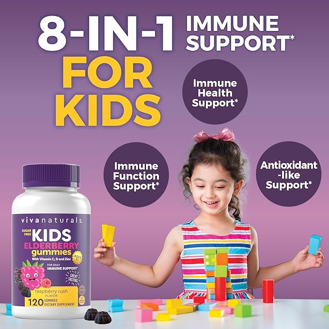 Viva Naturals Sugar-Free Sambucus Elderberry Gummies for Kids, 8-in-1 Children Immune Support with Vitamin C & Zinc – Chewable, Vegan & Gluten-Free (120 Count) for Daily Wellness