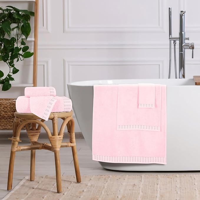 Ultra Soft 6 Pack Cotton Towel Set, Contains 2 Bath Towels 28x55 inch, 2 Hand Towels 16x24 inch & 2 Wash Coths 12x12 inch, Ideal Everyday use, Compact & Lightweight - Pink