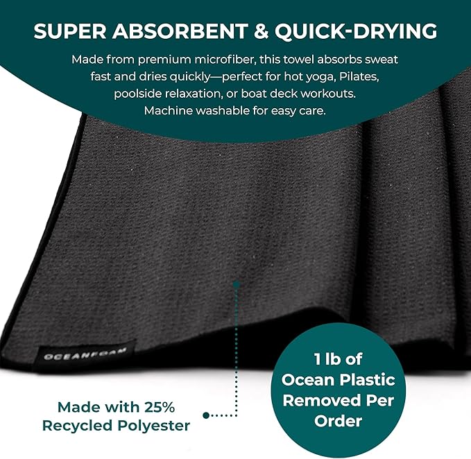 Oceanfoam Beach Towel – Lightweight, Absorbent, Quick-Drying, Sand-Resistant, Non-Slip – Ideal for Workouts, Yoga, Pilates, Beach, Pool, Boat & Travel – 25% Recycled – 72"x24" (Black)