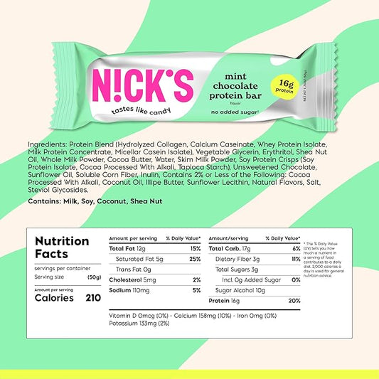 Nick’s Mint Chocolate Protein Bars – 12-Count Box | High Protein, Low Calories, Low Carbs, Keto Friendly, No Added Sugar