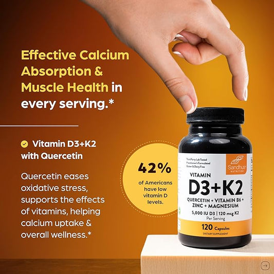 Sandhu's Vitamin D3 K2 Magnesium 5000 IU, 120mcg K2 Capsules 120 Count (Pack of 2) | with VIT B6, Zinc & Quercetin | D3K2 Supports Superior Absorption, Energy, Immune, Muscle Health for Men & Women