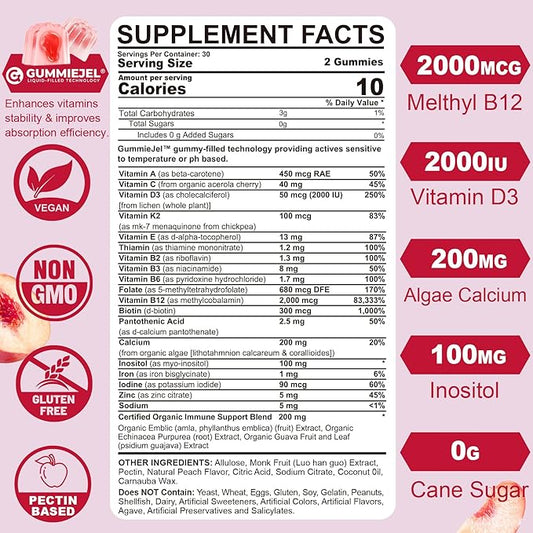 Methylated Multivitamin for Women Gummies, Calcium, D3 K2, Methylfolate & B12, Inositol, Daily Vitamin A, C, E, B Complex, Biotin, Iron - Energy, Immune, Bone, Skin, Hair - Vegan, Sugar Free, 60 Count