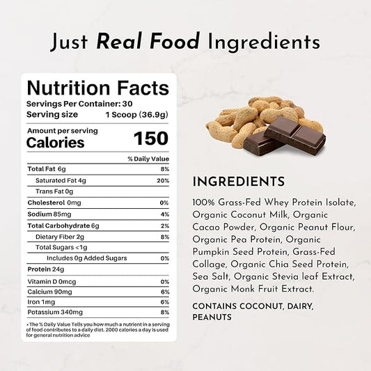 JUST INGREDIENTS Creamy Peanut Butter Chocolate Protein Powder – 30-ServingBlend with Grass-Fed Whey, Pea, Pumpkin Seed, Chia & Collagen – No Sugar Added – No Gums 24g Protein