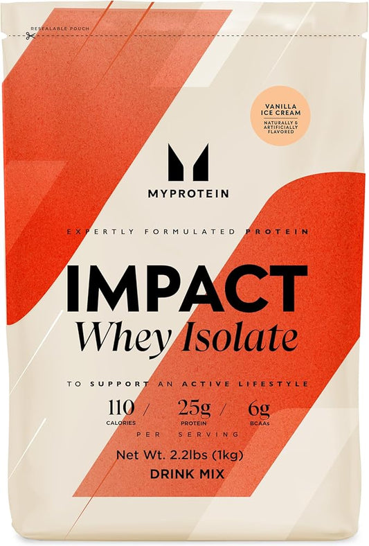 Myprotein Impact Whey Protein Isolate, 2.2 Lbs (40 Servings) Vanilla Ice Cream, 22g Protein, 3.5g Glutamine & 4.5g BCAA Per Serving, Protein Shake for Muscle Strength & Recovery