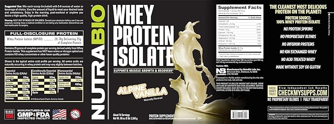 NutraBio 100% Whey Protein Isolate Protein Powder, 25g Protein with Complete Amino Acid Profile, Non-GMO, Soy & Gluten Free, Low Carb, Low Calorie Whey Protein Powder, Alpine Vanilla, 5 Lbs