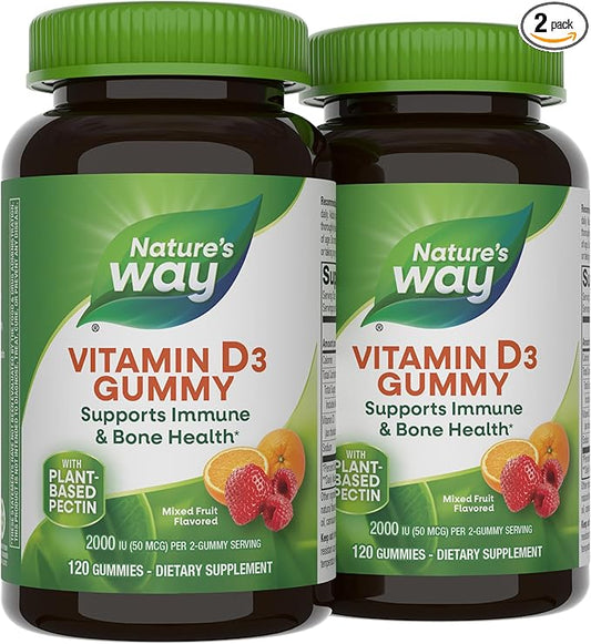 Nature's Way Vitamin D3 Gummies, Supports Immune and Bone Health*, 2000 IU (50 mcg) per 2-Gummy Serving, Mixed Fruit Flavored, 120 Gummies (Set of 2)