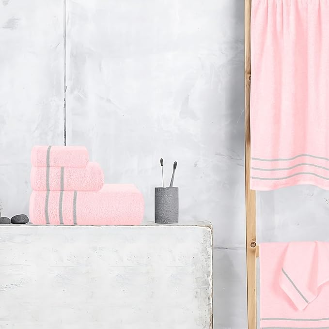 MyOwn Ultra Soft 6 Pack Cotton Towel Set, Contains 2 Bath Towels 28x55 inch, 2 Hand Towels 16x24 inch & 2 Wash Coths 12x12 inch, Ideal Everyday use, Compact & Lightweight - Pink, 71662
