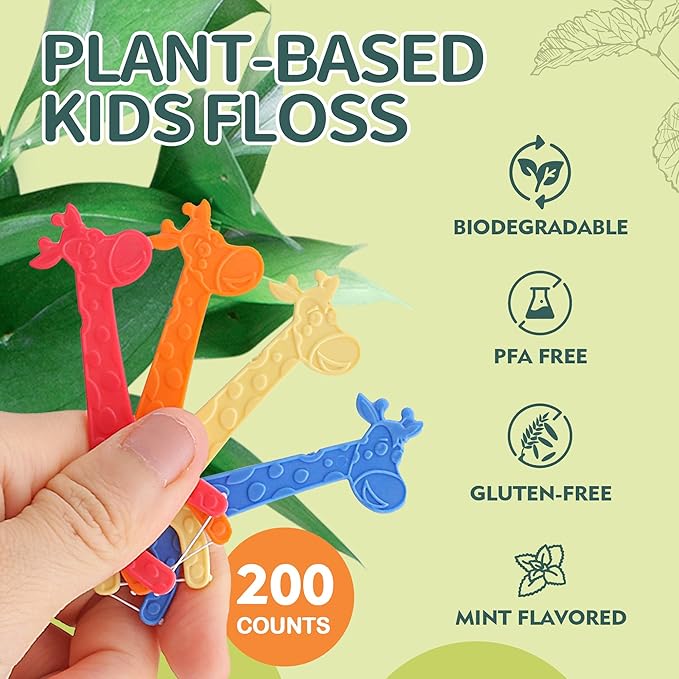 200 Count Biodegradable Kids Flossers, Eco-Friendly Plant-Based Floss Picks, No Fluoride BPA Free Cute Giraffe Dental Picks, No Plastics, Vegan Natural Floss, Mild Mint