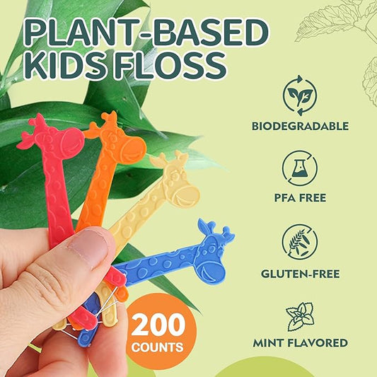200 Count Biodegradable Kids Flossers, Eco-Friendly Plant-Based Floss Picks, No Fluoride BPA Free Cute Giraffe Dental Picks, No Plastics, Vegan Natural Floss, Mild Mint