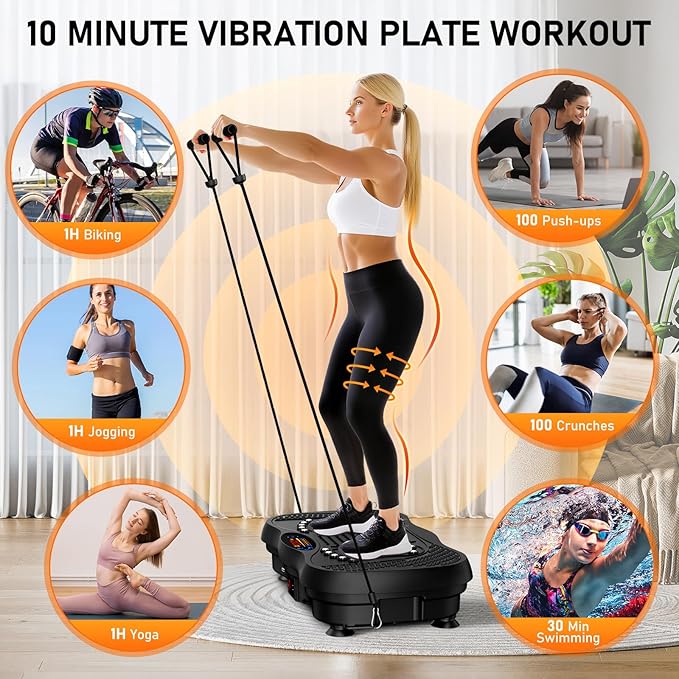 Vibration Plate Exercise Machine, 130 Speeds Home Fitness Vibrating Plate for Lymphatic Drainage Weight Loss, 450 Lbs Capacity Full Body Workout Platform with Resistance Bands Bluetooth for Women Men