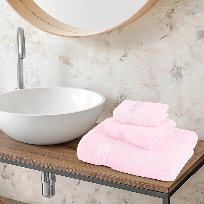 Belizzi Home Ultra Soft 3 Pack Cotton Towel Set, Contains a Bath Towel 28x55 inch, a Hand Towel 16x24 inch & a Wash Coth 12x12 inch, Ideal Everyday use, Compact & Lightweight - Pink
