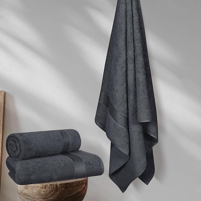 BELZZI Home Ultra Soft 4 Pack Oversized Bath Towel Set 27x54, Cotton Compact Bath Towels, Highly Absorbant Eco-Friendly Quickdry & Lightweight Towel, Ideal for Gym Travel Camp Pool - Charcoal Grey