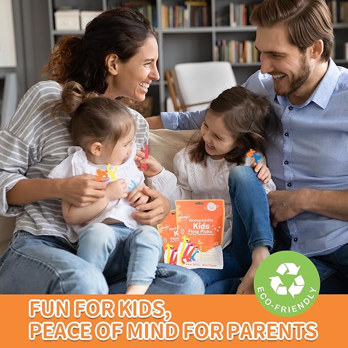 200 Count Biodegradable Kids Flossers, Eco-Friendly Plant-Based Floss Picks, No Fluoride BPA Free Cute Giraffe Dental Picks, No Plastics, Vegan Natural Floss, Mild Mint
