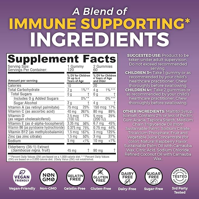 Viva Naturals Sugar-Free Sambucus Elderberry Gummies for Kids, 8-in-1 Children Immune Support with Vitamin C & Zinc – Chewable, Vegan & Gluten-Free (120 Count) for Daily Wellness