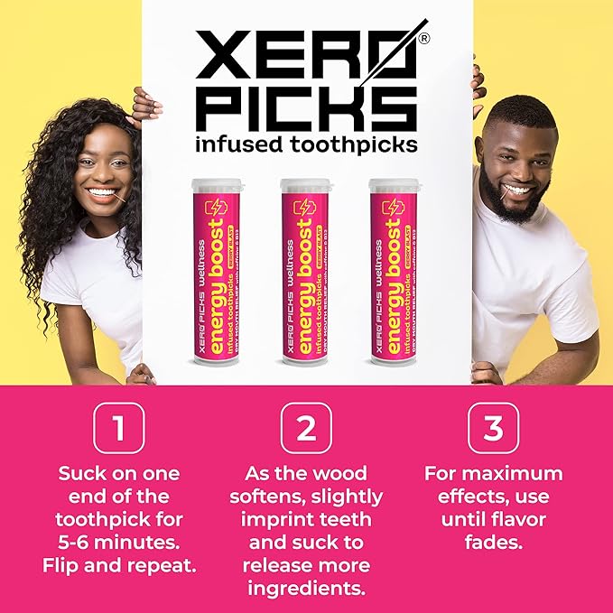 Xero Picks Wellness - Infused Flavored Toothpicks for Long Lasting Fresh Breath & Dry Mouth Prevention - 60 Picks - 3 Pack - Berry Blast - Caffeine Energy Boost