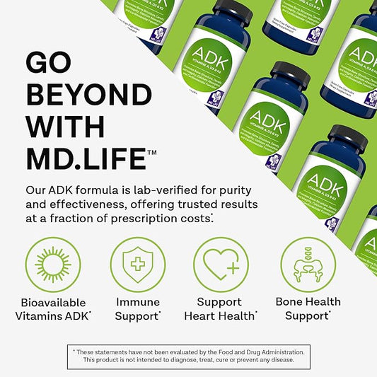 MD.LIFE ADK Vitamin Supplement – Vitamin D3 K2 and A Complex – 60 Capsules – High Potency Vitamin ADK for Bone and Heart Health Support