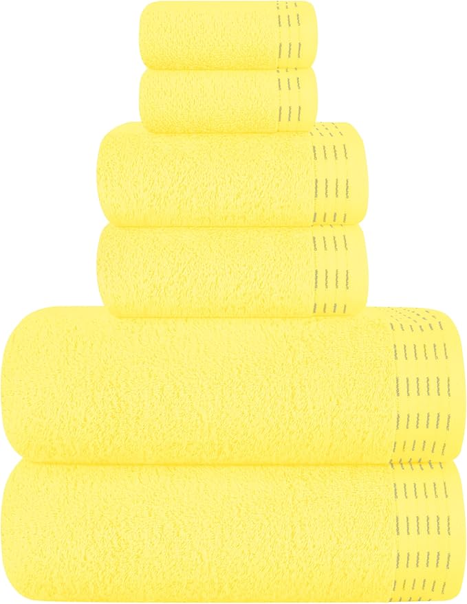 Ultra Soft 6 Pack Cotton Towel Set, Contains 2 Bath Towels 28x55 inch, 2 Hand Towels 16x24 inch & 2 Wash Coths 12x12 inch, Ideal Everyday use, Compact & Lightweight - Lime Yellow