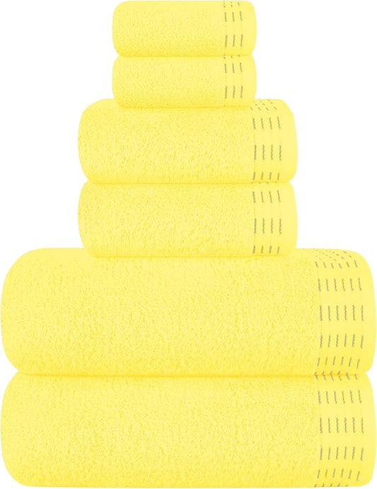 Ultra Soft 6 Pack Cotton Towel Set, Contains 2 Bath Towels 28x55 inch, 2 Hand Towels 16x24 inch & 2 Wash Coths 12x12 inch, Ideal Everyday use, Compact & Lightweight - Lime Yellow