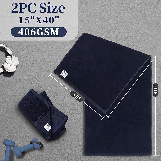 VOOVA & MOVAS Workout Towels for Gym (2PC, 15"x40") - 100% Cotton, Breathable, Soft & Absorb, Sweat Towel for Men & Women, Sports Hand Towel for Yoga, Shower, Tennis, Running, Exercise & Fitness,Navy