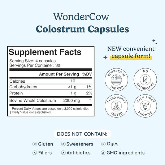 WONDERCOW Colostrum Capsules Supplement for Gut Health, Immune Support, Muscle Recovery & Wellness | Natural IgG Pure Whole Bovine Colostrum Superfood, Unflavored, 30 Servings