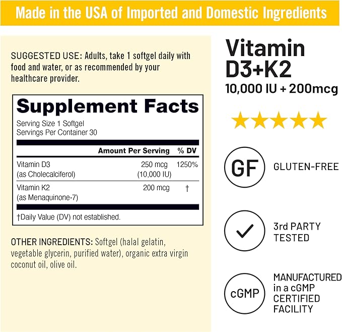 NatureWise Vitamin D3 10,000 IU Plus K2 (MK-7) 200 mcg with Organic Extra Virgin Coconut Oil - Supports Calcium Absorption, Bone, Heart & Immune Health - Non-GMO, Soy & Gluten-Free - 30 Softgels