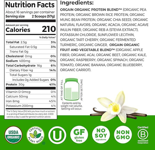 Orgain Organic 30g Vegan Plant Protein Powder, Vanilla, 9g EAAs + BCAAs, High Plant Protein, 4g Prebiotic + Fiber, 1g Sugar, Pre-Workout, Muscle Support + Recovery - 2.01lb (Packaging May Vary)