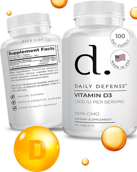 Immune Defense Supplements Vitamin D3 1500 IU for Heart Health, Daily Immune Support, Mental Clarity, & Muscle Function - 100 Vitamin D Tablets (D3 1500 IU)