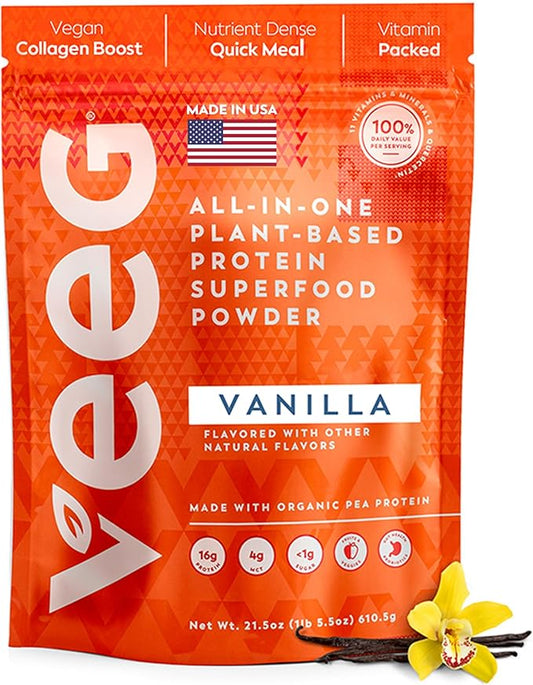 Veeg All-in-One Protein Smoothie Powder - Plant Based Protein Powder, Vegan Collagen, Superfoods, Organic Greens, MCT Powder, Probiotics, Multivitamin, Sugar-Free, 15 Servings (Vanilla)