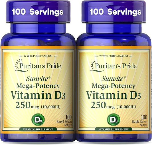 Puritan's Pride Premium Sunvite™ Mega-Potency Vitamin D3 10,000 IU, Dietary Supplement for Healthy Bones, Teeth, and Immune System Support, 100 Rapid Release Softgels