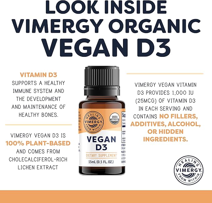 Vimergy Vegan D3 – Benefits Immune Function* – USDA Certified Organic, Vegan, Gluten-Free – 1000IU/Servings, 96 Servings