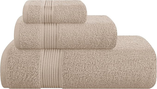 Belizzi Home Ultra Soft 3 Pack Cotton Towel Set, Contains a Bath Towel 28x55 inch, a Hand Towel 16x24 inch & a Wash Coth 12x12 inch, Ideal Everyday use, Compact & Lightweight - Tan