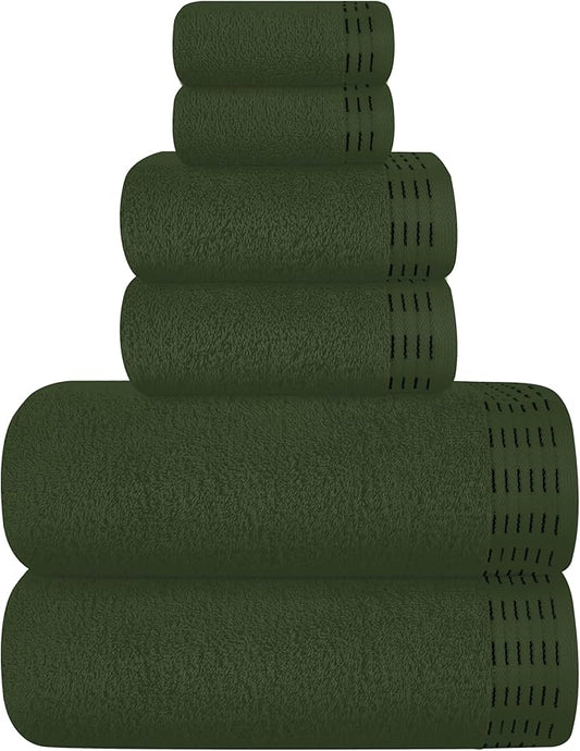 Ultra Soft 6 Pack Cotton Towel Set, Contains 2 Bath Towels 28x55 inch, 2 Hand Towels 16x24 inch & 2 Wash Coths 12x12 inch, Ideal Everyday use, Compact & Lightweight - Olive Green