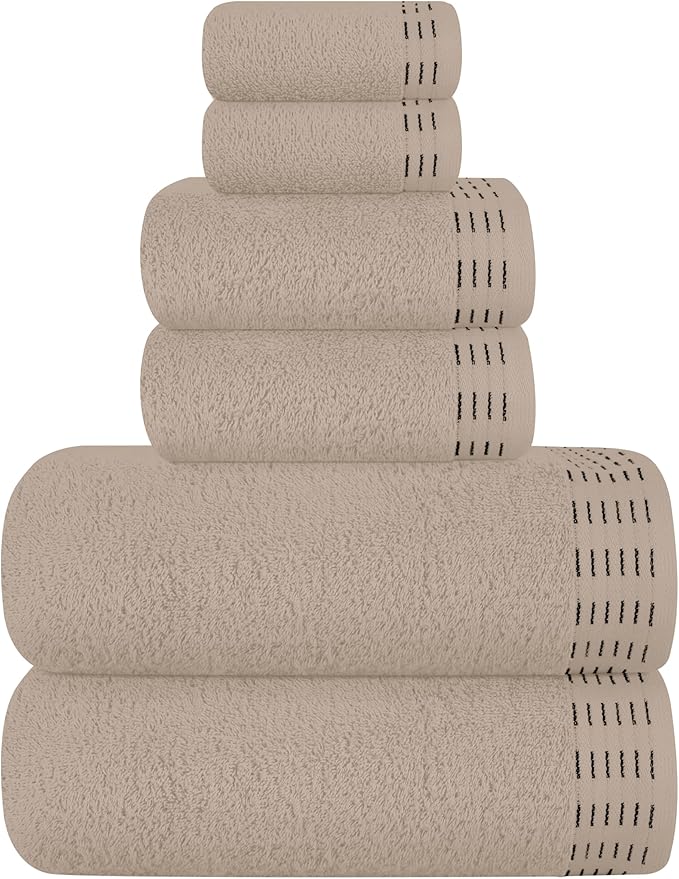 Ultra Soft 6 Pack Cotton Towel Set, Contains 2 Bath Towels 28x55 inch, 2 Hand Towels 16x24 inch & 2 Wash Coths 12x12 inch, Ideal Everyday use, Compact & Lightweight - Tan