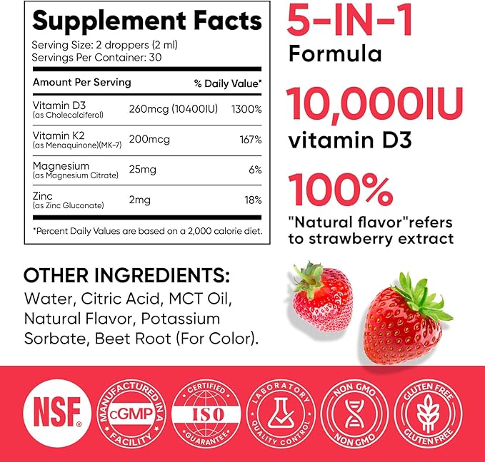 Venture Pal 5-in-1 Vitamin D3 10000 IU & K2 as MK-7 200mcg with Magnesium, MCT Oil, Zinc, Sugar-Free Vitamin D Liquid |Maximum Absorption for Bone, Mood & Immune Health - 2 FL OZ, 60 Days
