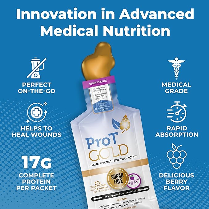 ProT Gold Liquid Collagen Protein Shot, 17g Clear Protein Nano-Hydrolyzed Grass Fed Collagen, 2g Arginine for Wound Support, Gluten Free, Sugar Free, 0g Carbs, Non GMO, Berry, 1 fl oz, 24 Pack
