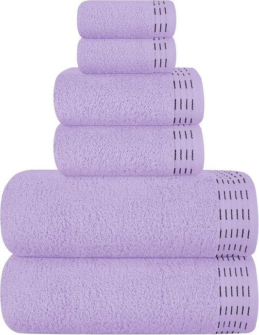 Ultra Soft 6 Pack Cotton Towel Set, Contains 2 Bath Towels 28x55 inch, 2 Hand Towels 16x24 inch & 2 Wash Coths 12x12 inch, Ideal Everyday use, Compact & Lightweight - Purple