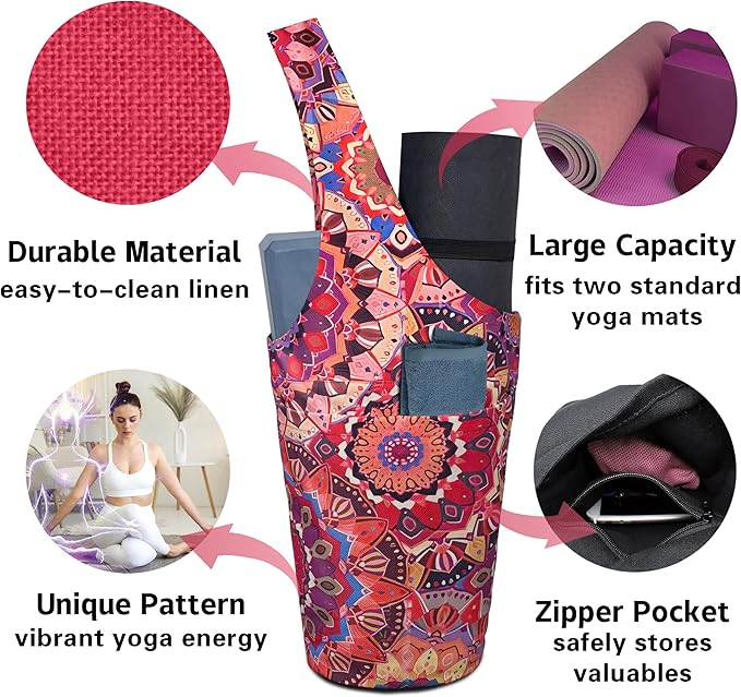 Yoga Mat Bag Carrier for Women with Side Large Pocket Durable Linen Workout Gym Travel Storage Pilates Mats