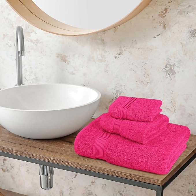 Belizzi Home Ultra Soft 3 Pack Cotton Towel Set, Contains a Bath Towel 28x55 inch, a Hand Towel 16x24 inch & a Wash Coth 12x12 inch, Ideal Everyday use, Compact & Lightweight - Hot Pink