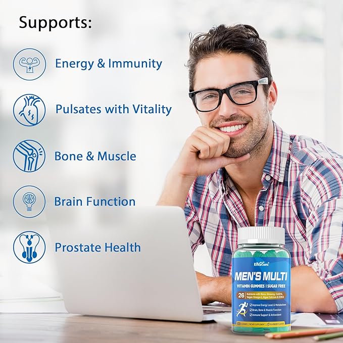Mens Multivitamins Gummies, Vegan Omega 3, CoQ10, Zinc, Vitamin A C D3 K2 E B Complex, Calcium, Magnesium, Lycopene - Liposomal Methylated Vitamins - Energy, Immune, Bone, Brain, Sugar Free, 60 Count