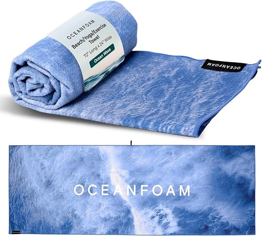 Oceanfoam Beach Towel – Lightweight, Absorbent, Quick-Drying, Sand-Resistant, Non-Slip – Ideal for Workouts, Yoga, Pilates, Beach, Pool, Boat & Travel – 25% Recycled – 72"x24" (Ocean)