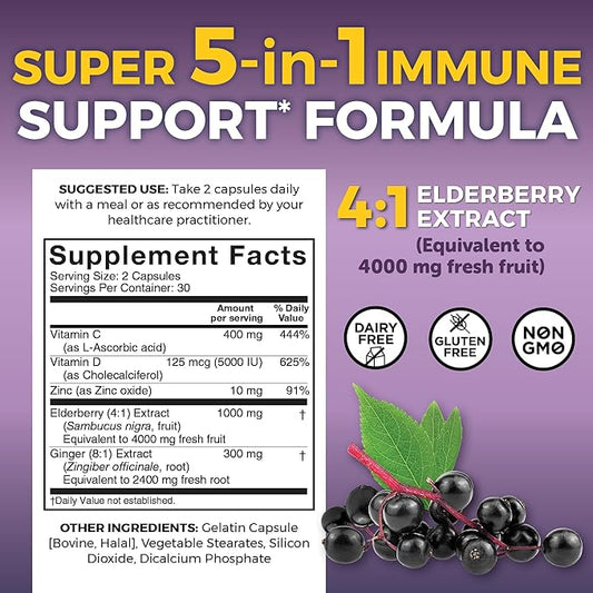 Viva Naturals Black Elderberry with Vitamin C and Zinc for Adults (60 Count) - Sambucus Elderberry Immune Support Supplement, Black Elderberry Capsules for Adults, Elderberry Supplements for Women