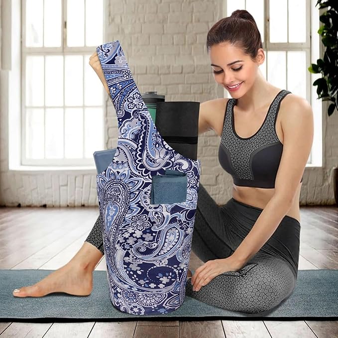Yoga Mat Bag Carrier for Women with Side Large Pocket Durable Linen Workout Gym Travel Storage Pilates Mats