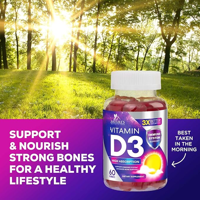 Vitamin D3 Gummy 5000 IU (125 mcg) - Dietary Vitamins D Supplement for Women & Men - Bone, Teeth, Muscle & Immune Health Support, High Potency VIT D3 Nature's Non-GMO & Gluten Free - 60 Gummies