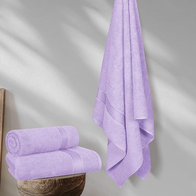 BELZZI Home Ultra Soft 4 Pack Oversized Bath Towel Set 27x54, Cotton Compact Bath Towels, Highly Absorbant Eco-Friendly Quickdry & Lightweight Towel, Ideal for Gym Travel Camp Pool - Purple