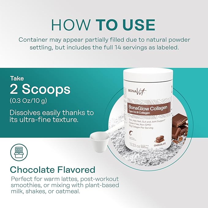 BonaGlow - Hydrolyzed Collagen Powder - Chocolate Flavor - 24 Servings - Type I & III with Vitamin C, Probiotics, and Digestive Enzymes - Skin, Nails, Hair - High Dosis of Collagen & Protein